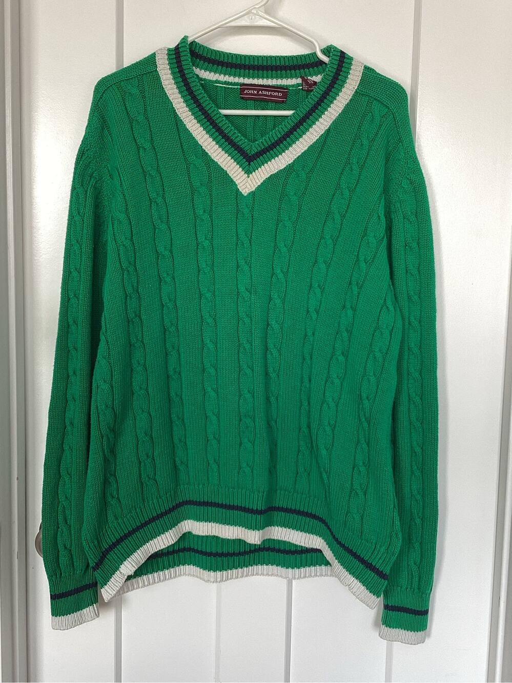 Vintage Men's John Ashford Cable Knit Tennis Sweater V-Neck Green size XL